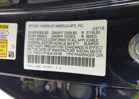 2018 Honda Accord Lx z USA, uszkodzony, nr VIN 1HGCV1F18JA129198